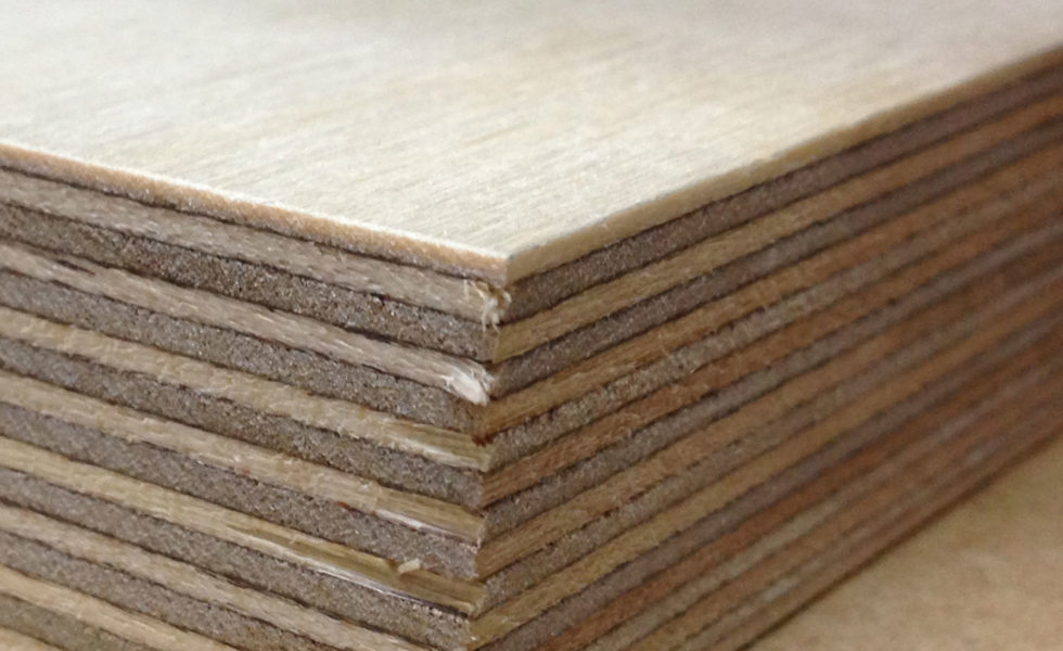 Corner of stacked plywood panels